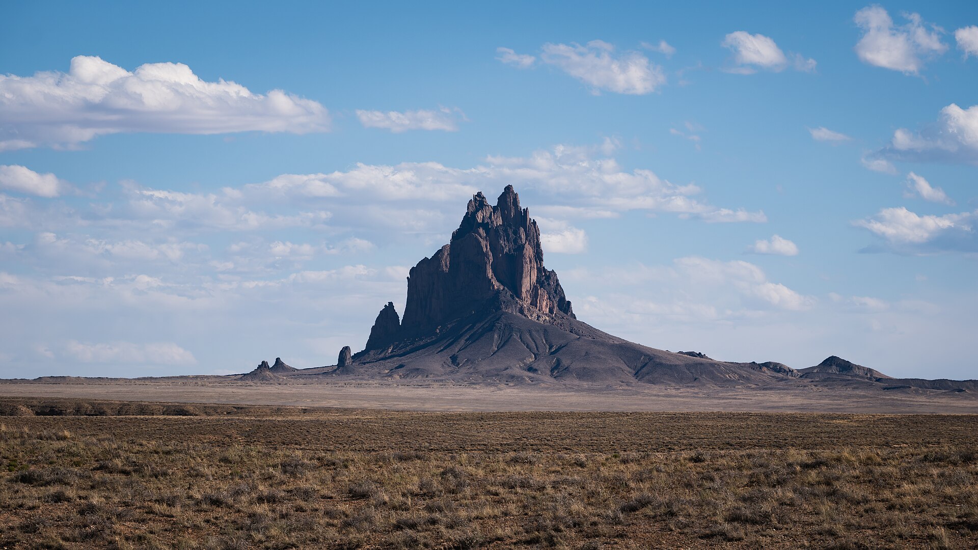 Shiprock rising above the high desert plain, San Juan County, New Mexico
